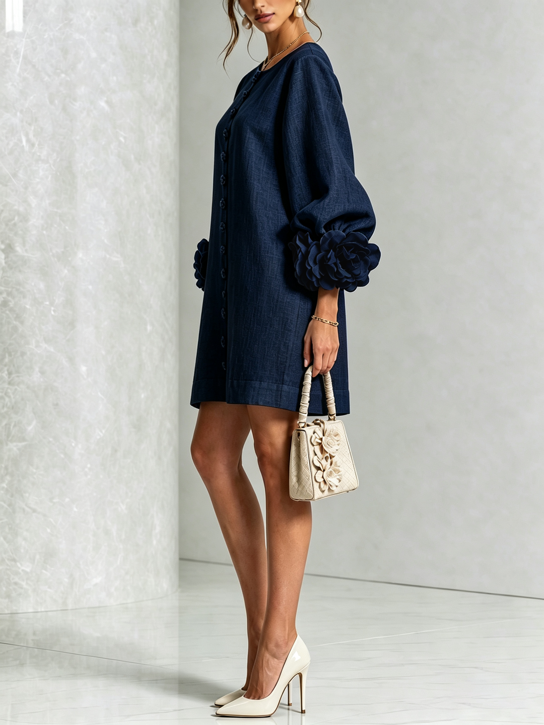 Robe d'été rose, coupe trapèze, manches trois-quarts, effet lin, pour un look frais et moderne.