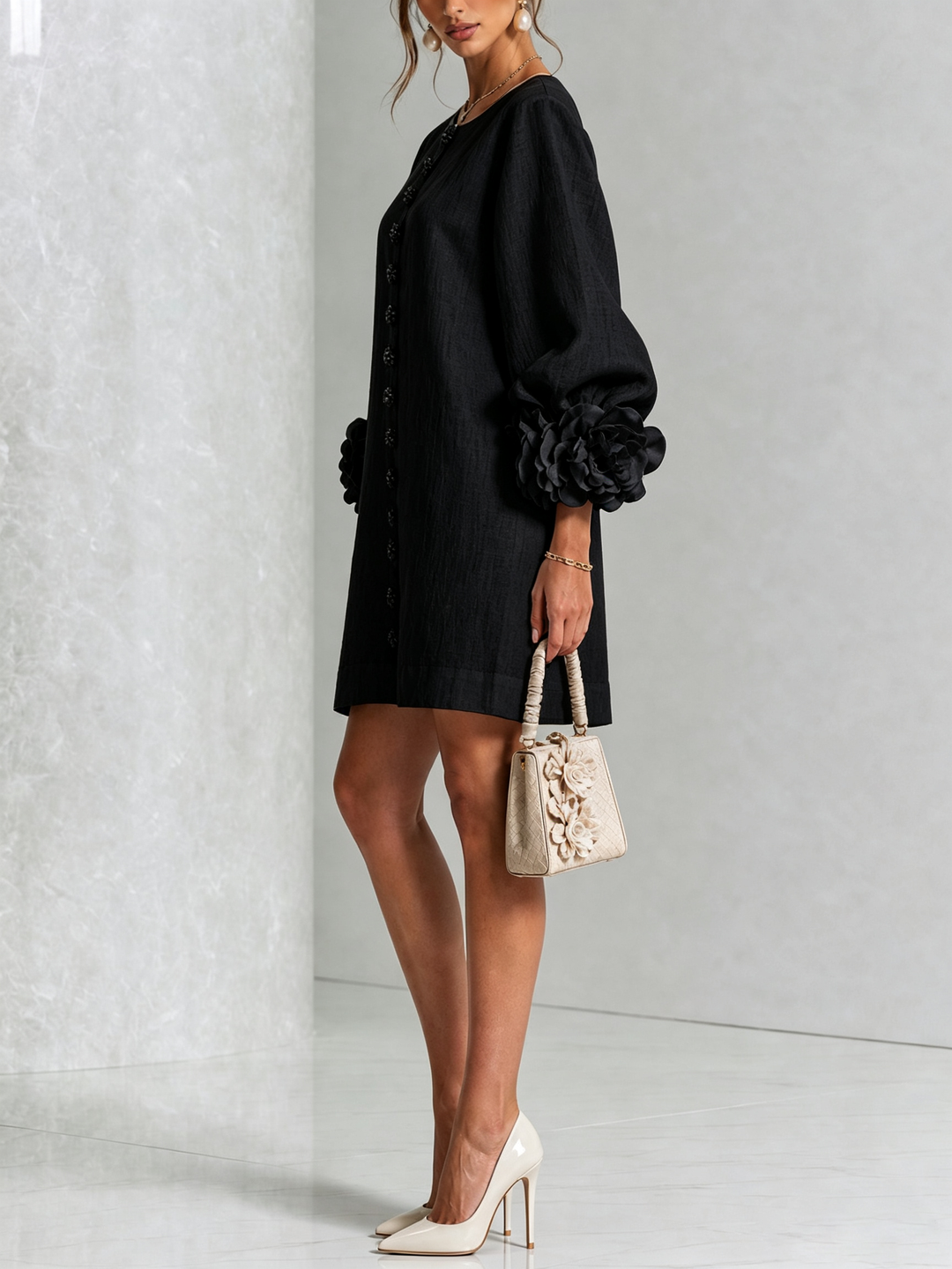 Robe rose boutonnée femme, manches trois-quarts, coupe trapèze, tissu effet lin, style estival.