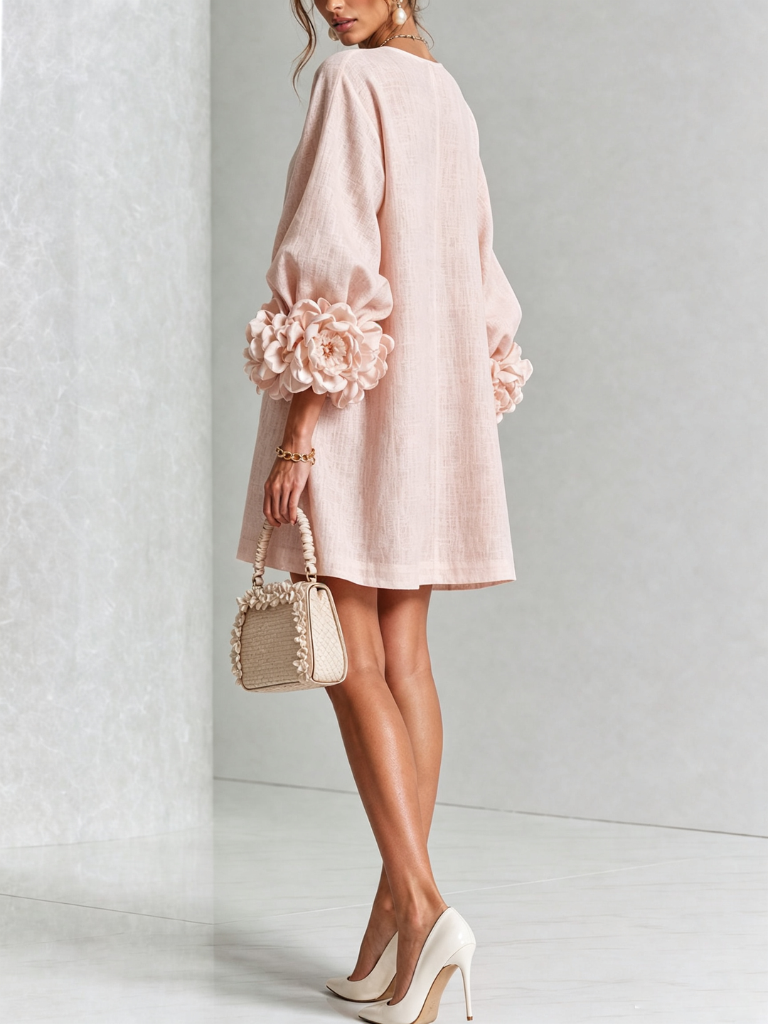 Robe d'été rose pour femme, effet lin, manches 3/4, coupe trapèze, look fluide et décontracté.