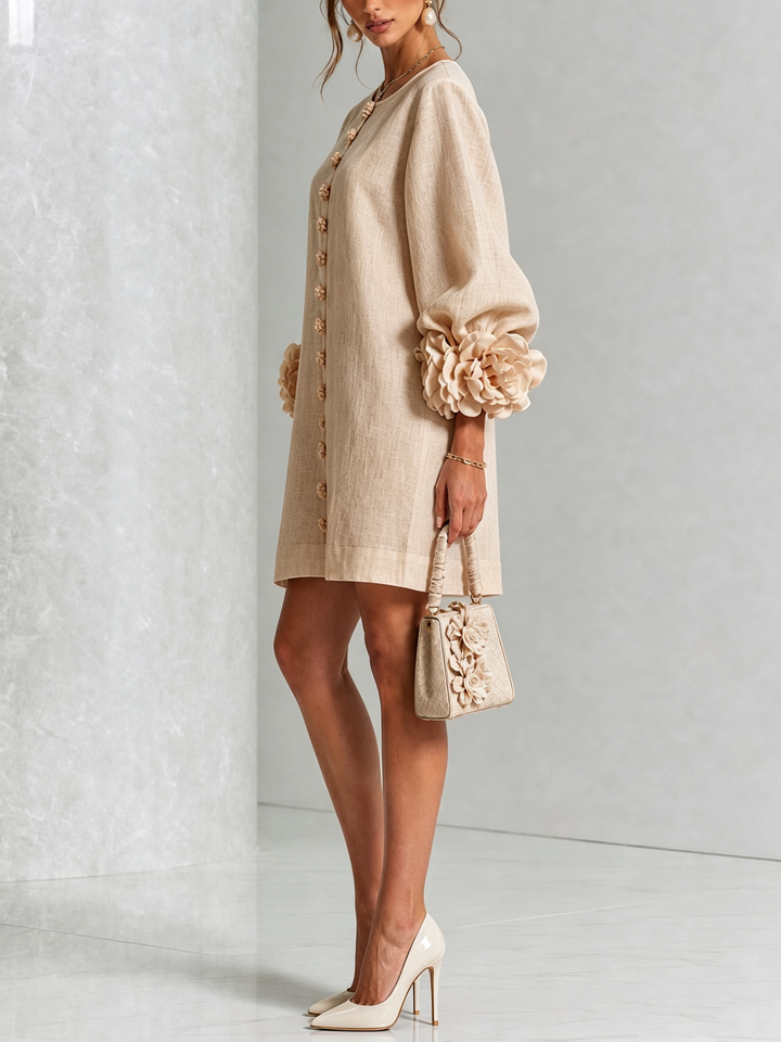 Robe trapèze femme rose, effet lin, manches 3/4, décontractée, chic, parfaite pour les beaux jours.