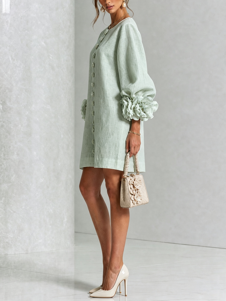 Robe trapèze rose, manches 3/4, effet lin, élégante et décontractée pour femme, boutonnée devant.