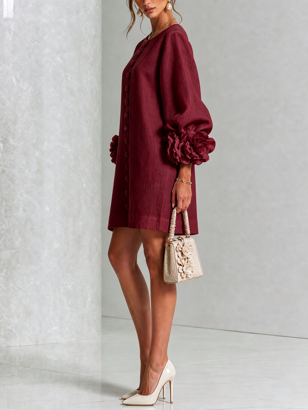 Robe trapèze rose, boutonnée, effet lin, manches 3/4, élégance décontractée pour femme.