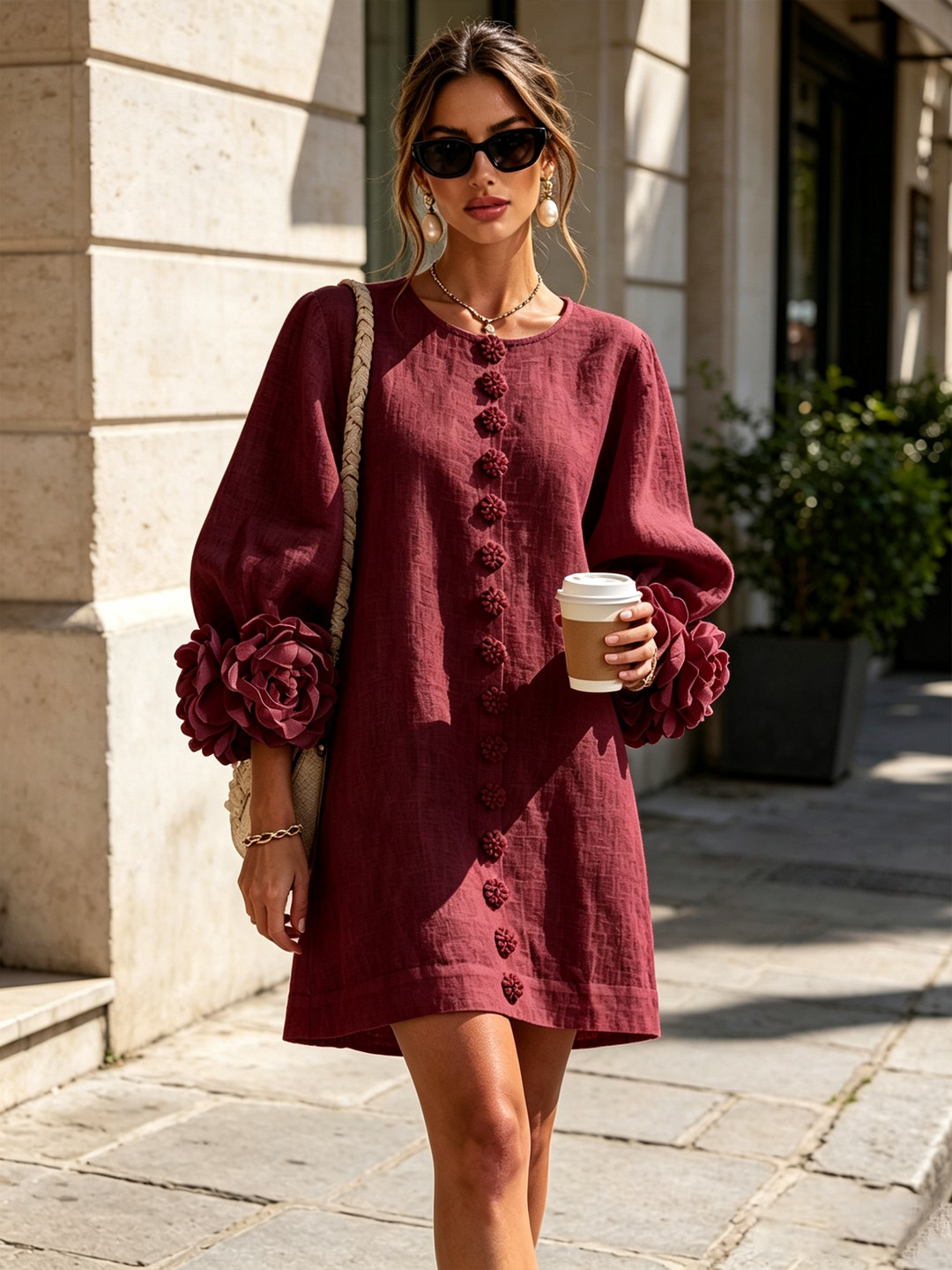 Robe femme rose effet lin, boutonnée, manches 3/4, coupe trapèze, style chic et confortable.