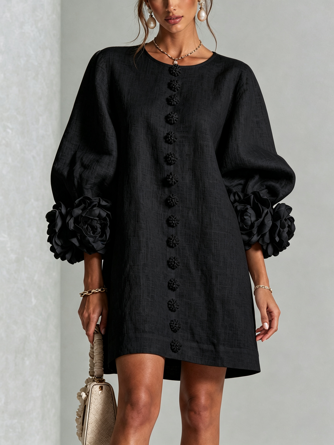 Robe trapèze rose fluide, manches 3/4, effet lin, élégante et confortable pour femme.