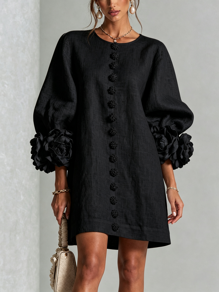 Robe trapèze rose fluide, manches 3/4, effet lin, élégante et confortable pour femme.