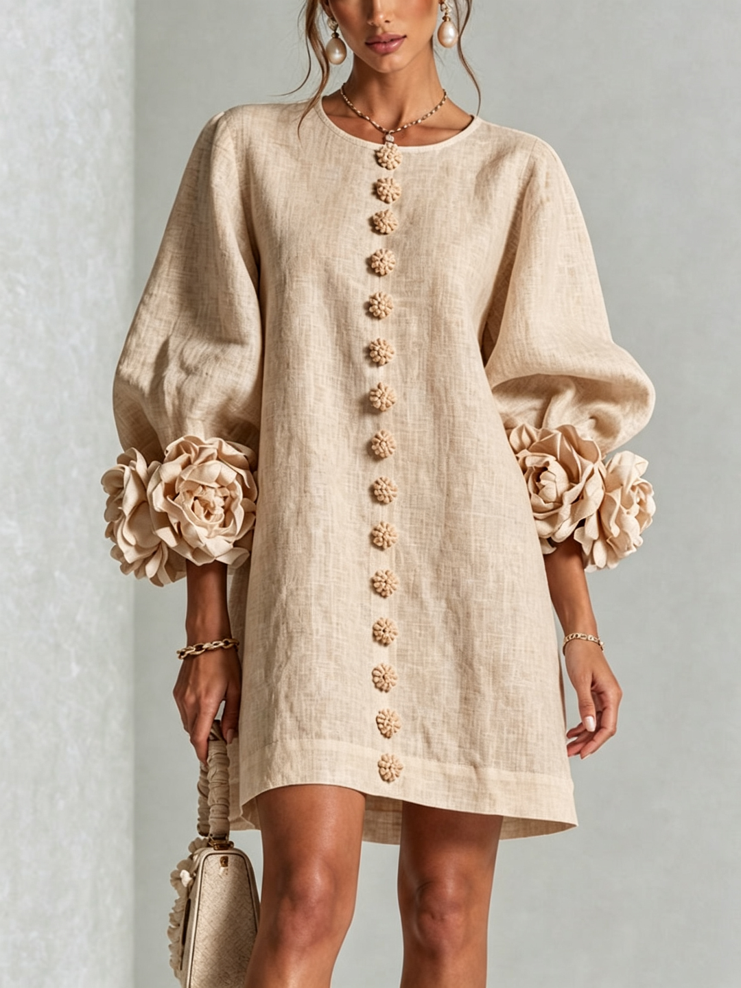 Robe d'été rose pour femme, effet lin, coupe trapèze, manches trois-quarts, style fluide.