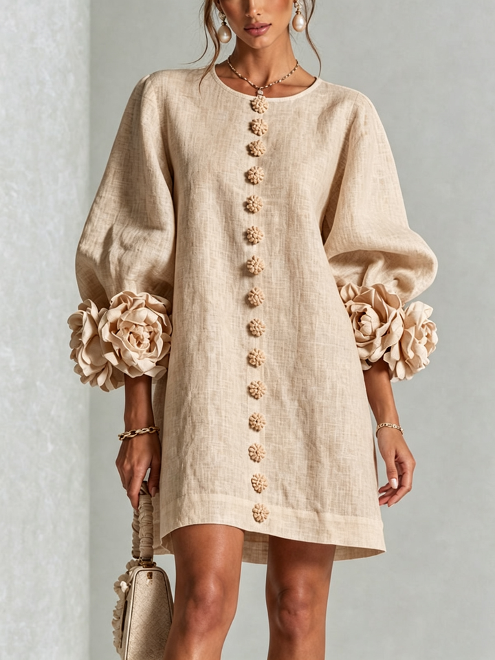 Robe d'été rose pour femme, effet lin, coupe trapèze, manches trois-quarts, style fluide.