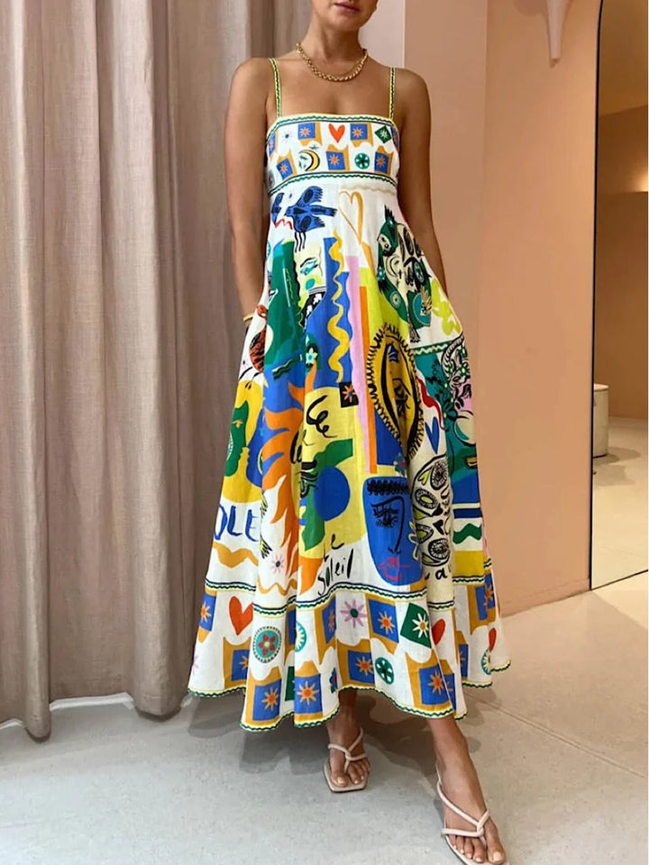 Robe longue trapèze jaune pour femme, sans manches, imprimé estival fluide, idéale pour l'été décontracté et élégant.