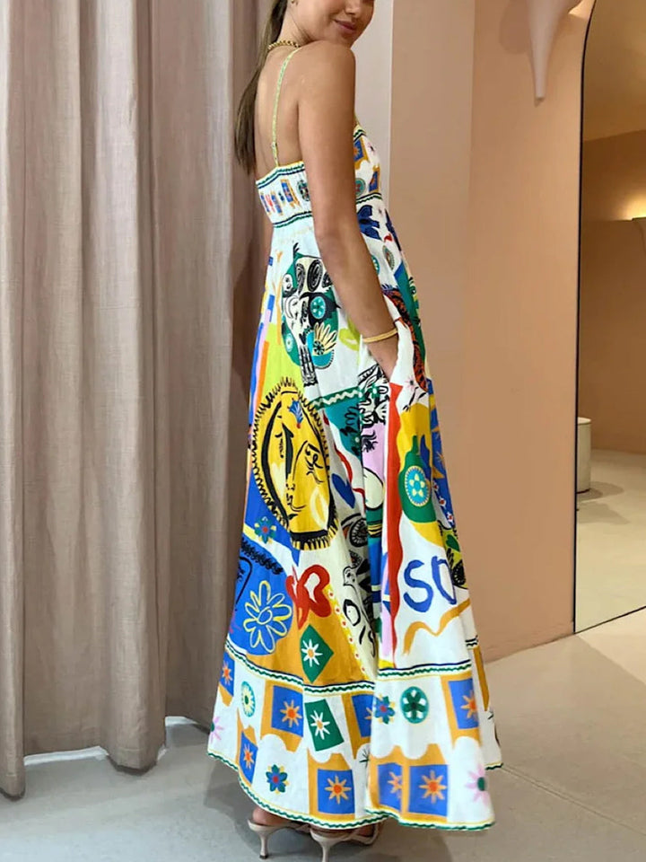 Robe d'été longue trapèze pour femme, fluide, sans manches, motif vif, idéale pour un style décontracté et confortable.