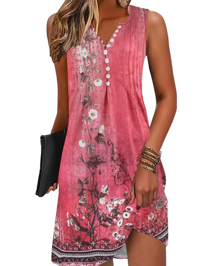 Élégante robe trapèze mini femme, col V, fluide, sans manches, avec ourlet asymétrique, mode féminine.