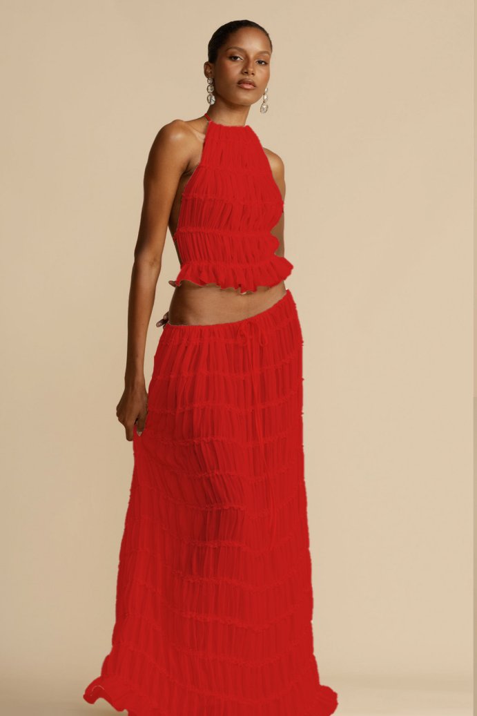 Jupe plissée fluide de l'ensemble femme Calysta en chiffon, confortable et chic pour l'été.