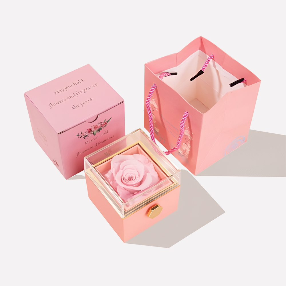 Rose éternelle stabilisée rouge luxueuse, symbole d'amour éternel, parfaite comme cadeau femme.