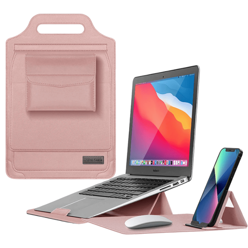 Vue du support intégré relevant l'ordinateur portable, améliorant la posture, la ventilation et l'organisation du bureau.