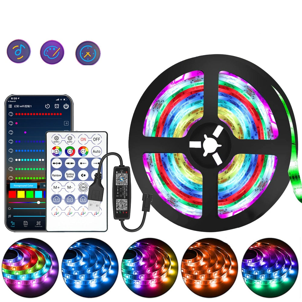 Ruban LED RVB connecté Bluetooth 5V pour ambiance lumineuse intérieure moderne et personnalisable.