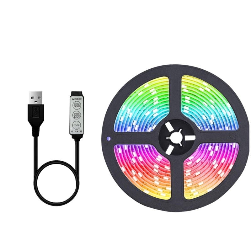 Ruban LED RVB 5V pour rétroéclairage TV ou décoration lumineuse sous meuble, ambiance moderne connectée.