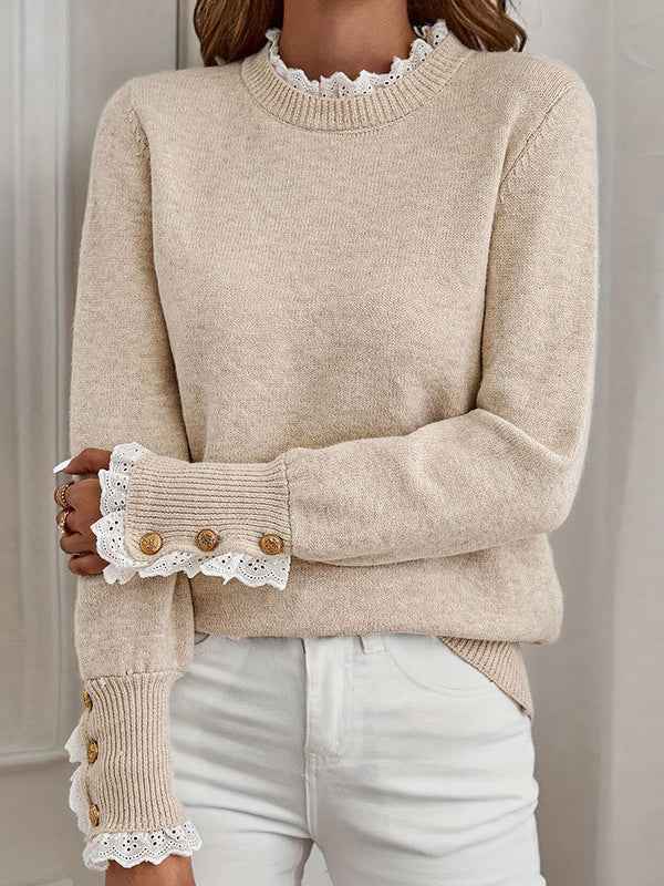 Pull femme beige élégant à volants, col montant et patte de boutonnage. Parfait pour le bureau ou look chic automne hiver.