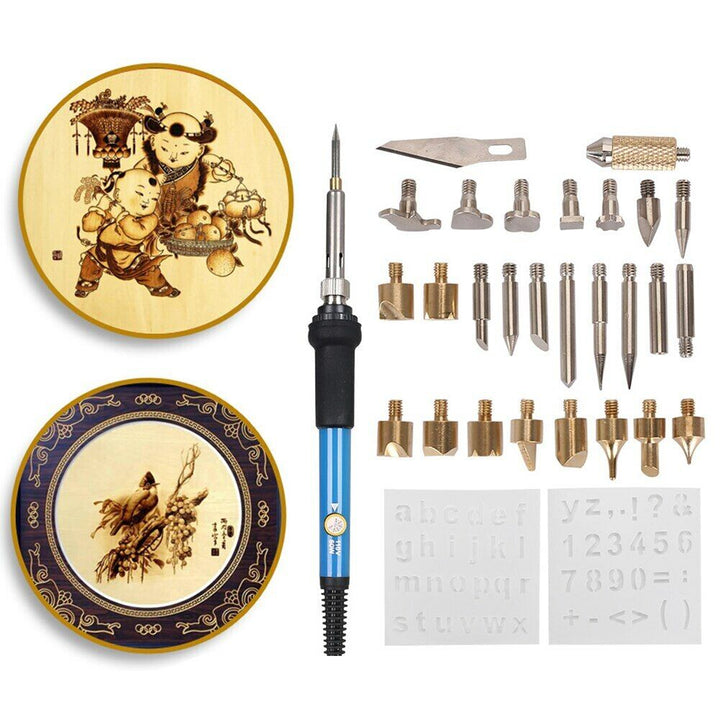 Kit de pyrogravure pour débutants et professionnels, offrant outils de gravure et sculpture sur bois/cuir. Loisirs créatifs.