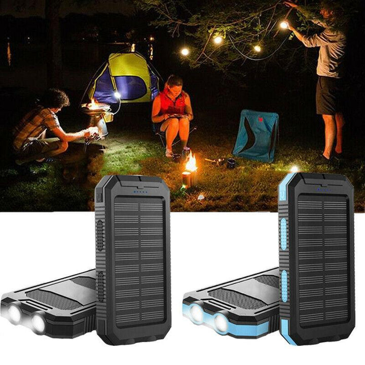 Chargeur solaire étanche compact et robuste. Power bank ultra-capacité, double USB, lampe LED pour le camping.