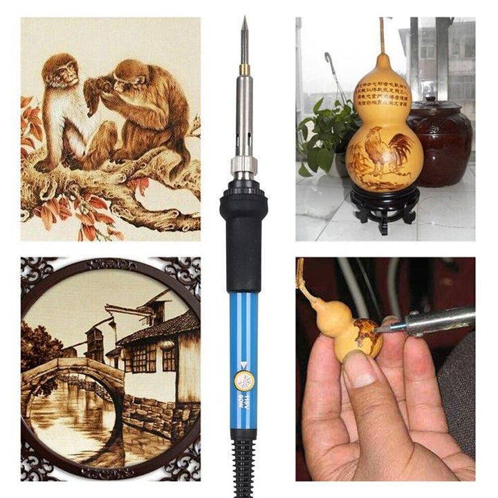 Main utilisant le kit de pyrogravure pour sculpter un motif délicat sur du cuir. Outil de gravure créatif et facile.