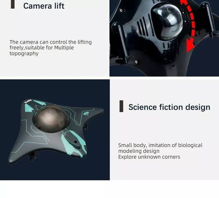 Interface de l'application mobile affichant la vue en direct de la caméra sous-marine du drone RC. Exploration WiFi facile.