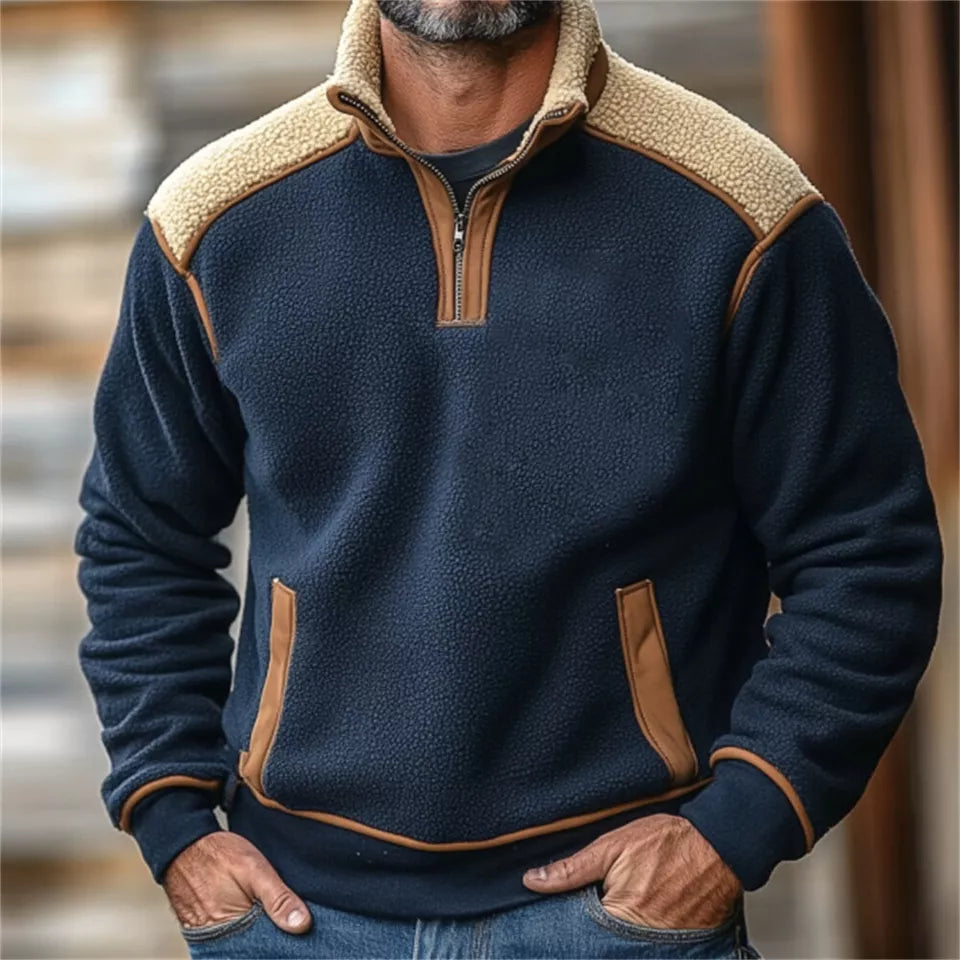 Pull homme rétro élégant Quartz à fermeture éclair, confortable et intemporel. Parfait pour la mode masculine.