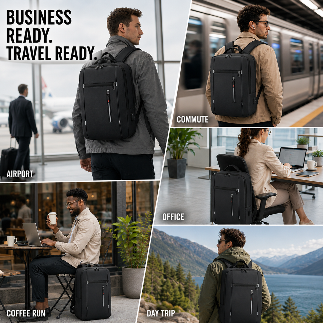 Professionnel portant le sac à dos business imperméable, montrant confort, élégance et fonctionnalité au quotidien.