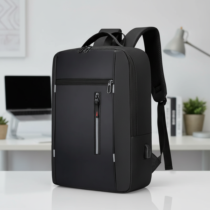 Sac à dos polyvalent pour voyage et bureau, imperméable, offrant espace et protection pour portable et accessoires.