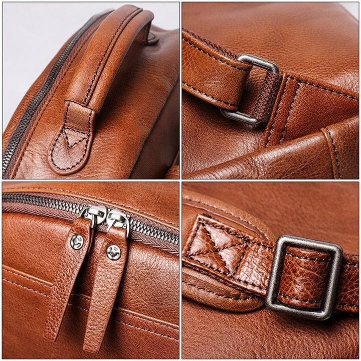 Gros plan sur les fermetures éclair robustes du sac à dos cuir homme pour ordinateur.