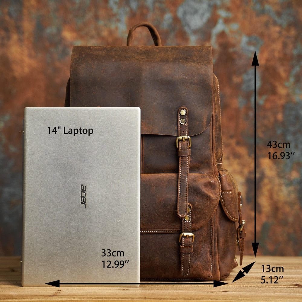 Sac à dos en cuir marron pour homme, idéal pour ordinateur portable, affaires et voyages en ville.