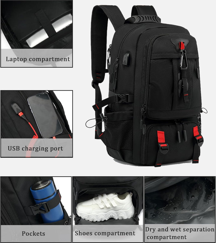 Sac à dos de voyage 60L avec compartiment rembourré pour PC et port USB externe, parfait pour nomades digitaux.