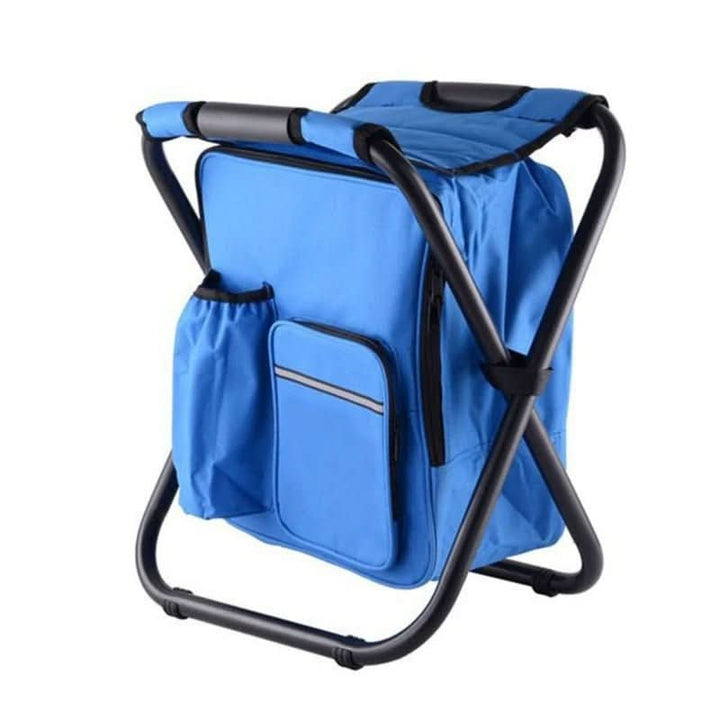 Sac à dos de randonnée et camping avec glacière portable et siège pliant pour confort extérieur.