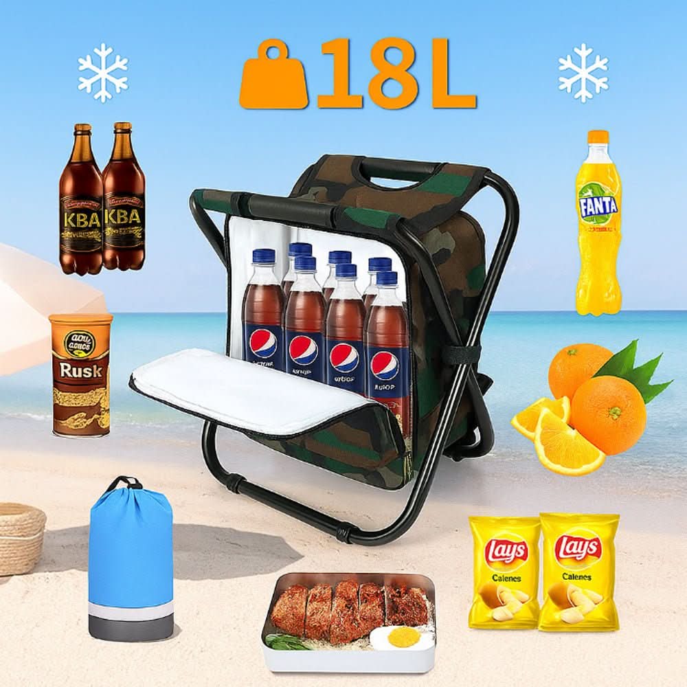 Sac à dos avec compartiment glacière, siège pliant intégré. Parfait pour garder vos boissons fraîches en extérieur.