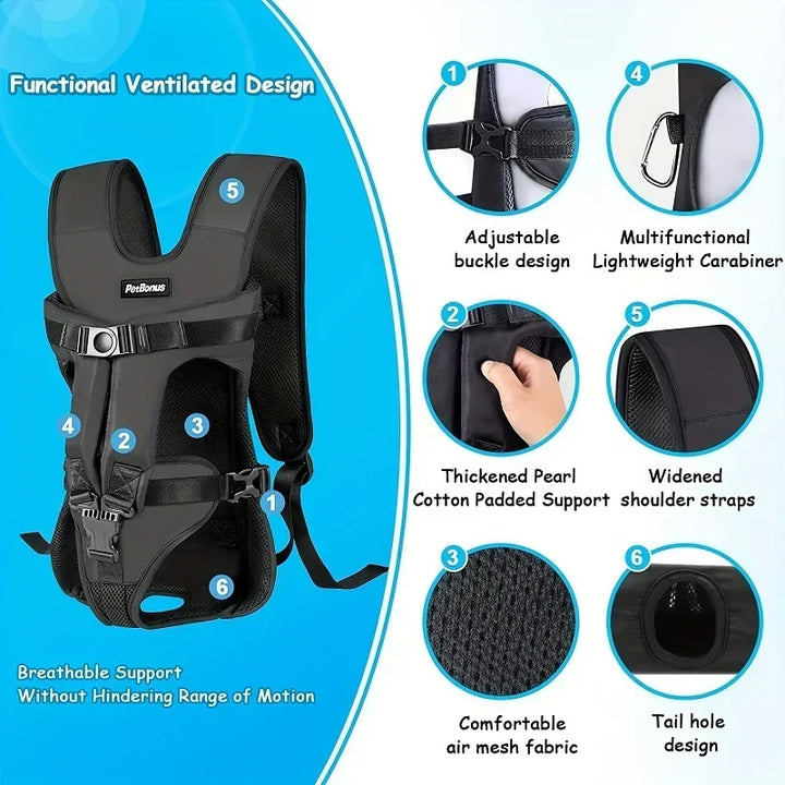 Sac transport ventral polyvalent pour chien. Idéal petit/moyen chien pour randonnée, voyage et quotidien, plein air.