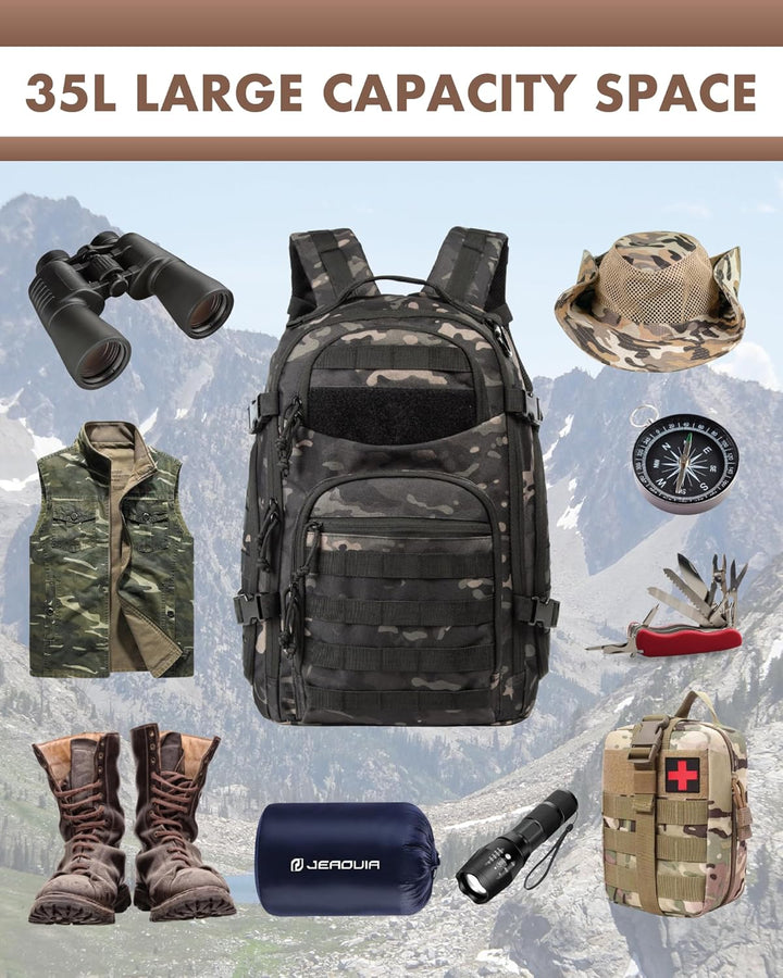 Sac à dos tactique 35L mixte, MOLLE, protection ordinateur portable. Idéal voyage, randonnée, urbain.