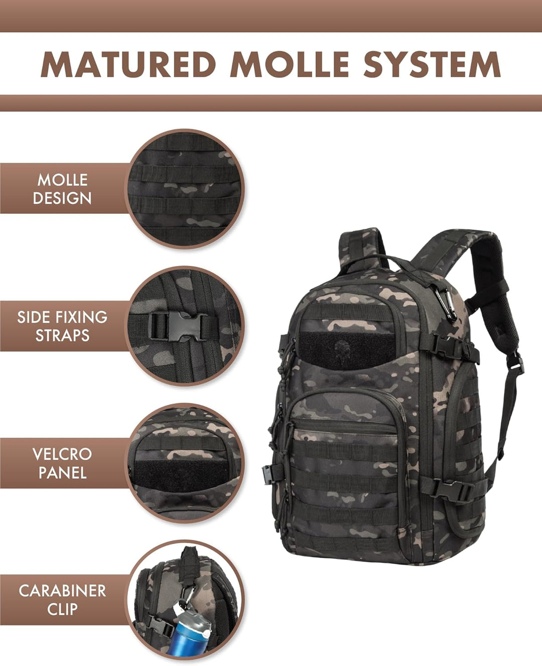 Sac à dos 35L tactique mixte, confortable pour longues randonnées ou usage urbain, avec MOLLE.