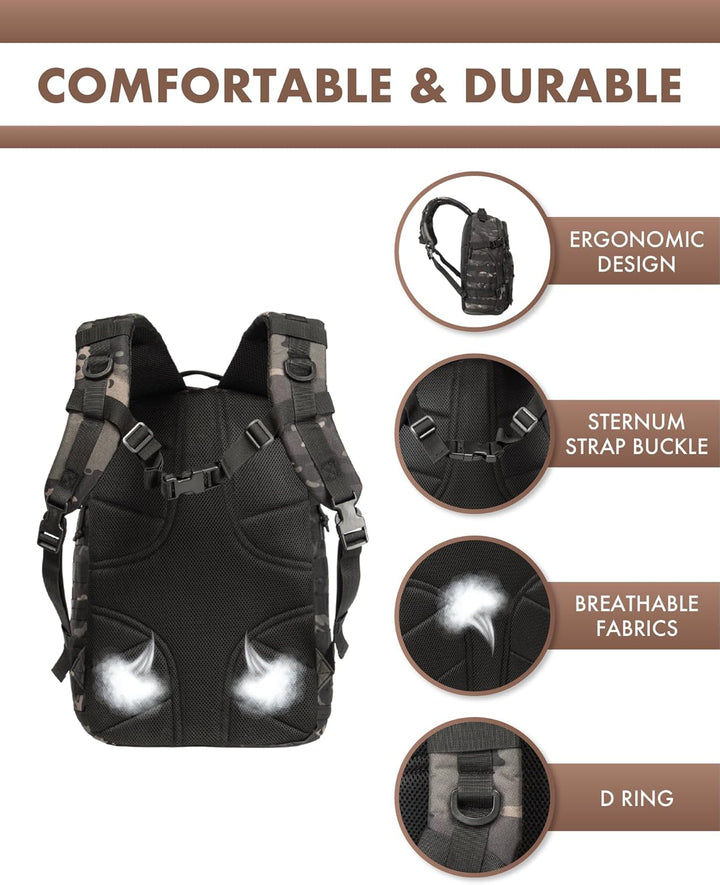 Sac à dos tactique 35L mixte, compartiment sécurisé pour ordinateur portable, idéal voyage & travail.