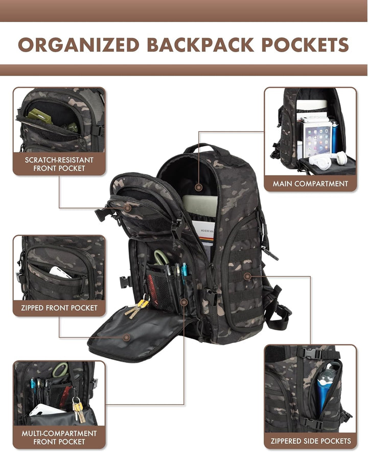 Sac à dos tactique 35L avec système MOLLE polyvalent, robuste et mixte pour toutes aventures.