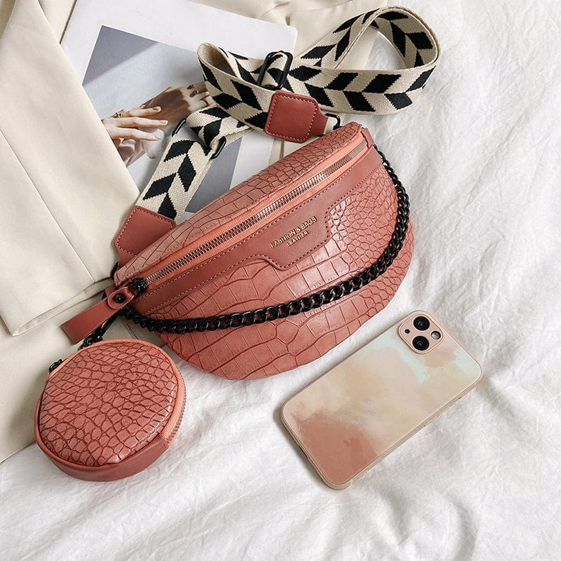 Sac banane rosé en cuir PU, mode féminine, accessoire chic pour le quotidien.
