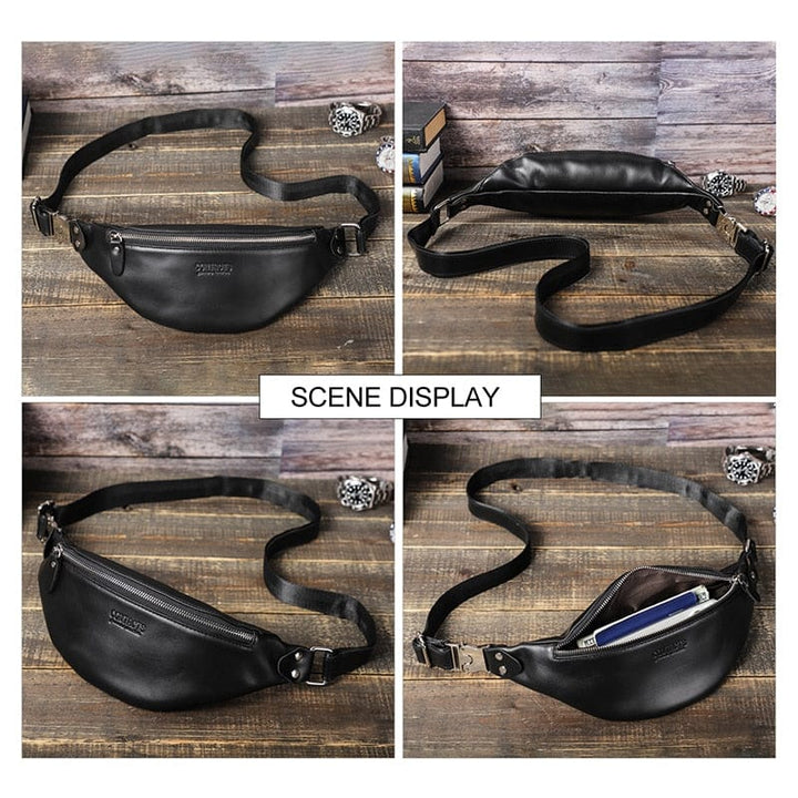 Sac banane en cuir gris pour homme, porté en bandoulière, idéal pour voyage et activités urbaines.