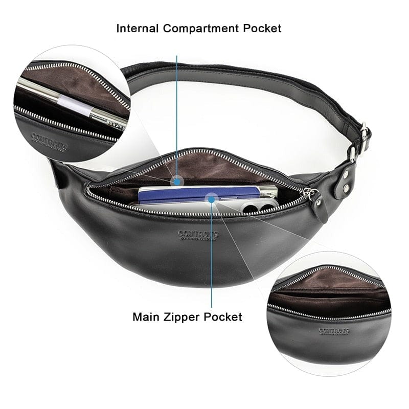 Sac banane en cuir homme sur un bureau, essentiel pour l'organisation: portefeuille, téléphone, clés.