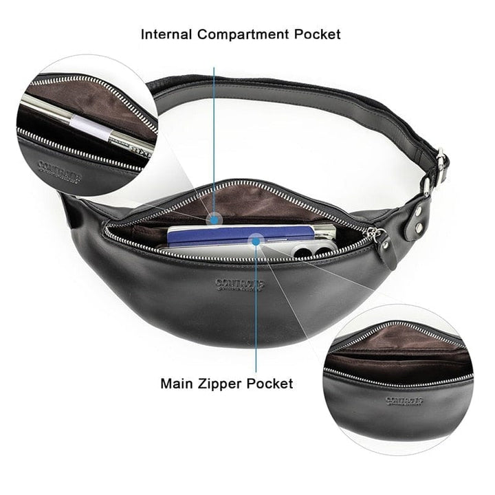 Sac banane en cuir homme sur un bureau, essentiel pour l'organisation: portefeuille, téléphone, clés.