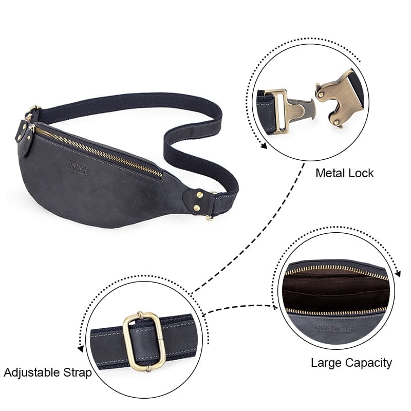 Homme portant un sac banane en cuir sur la poitrine, style urbain et moderne, sacoche pratique.