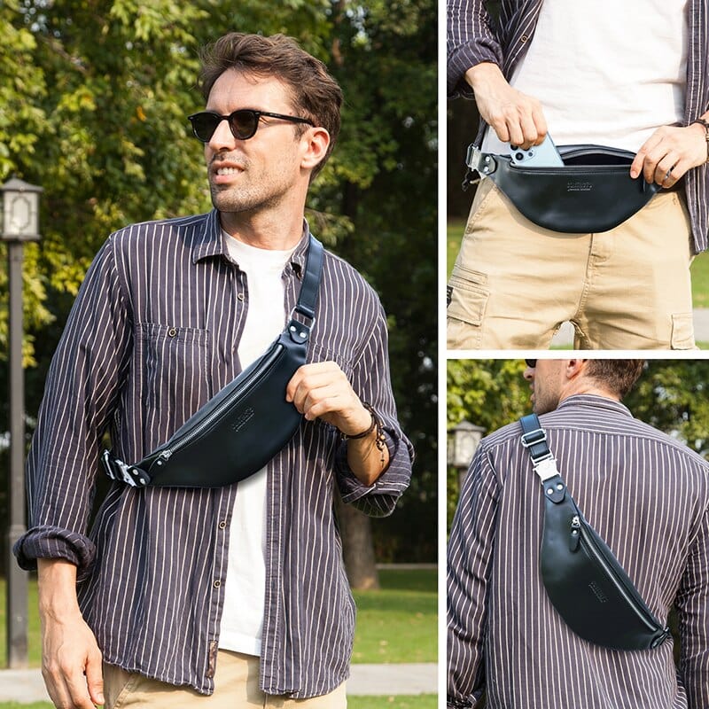 Sac banane en cuir homme, accessoire de mode masculin, touche élégante et pratique pour la tenue quotidienne.