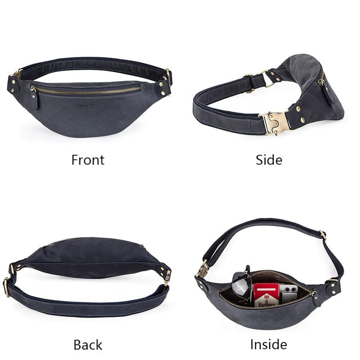 Dos du sac banane en cuir homme avec sangle ajustable, confort et ajustement parfait.