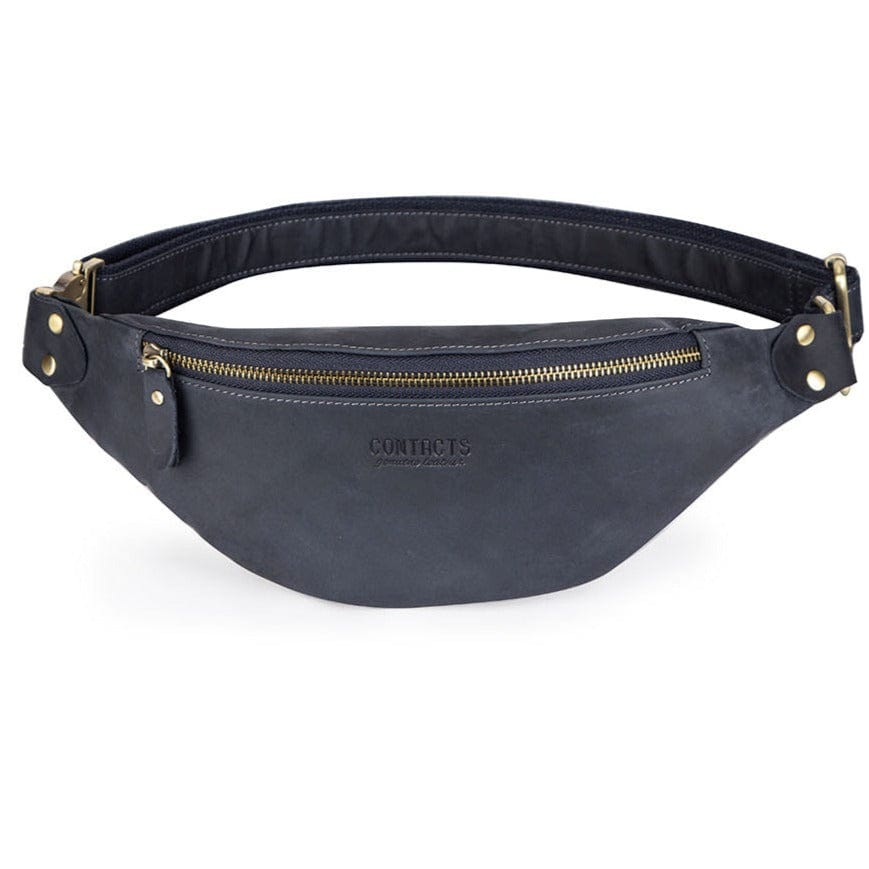 Fermeture éclair métallique robuste du sac banane en cuir pour homme, sécurité optimale.
