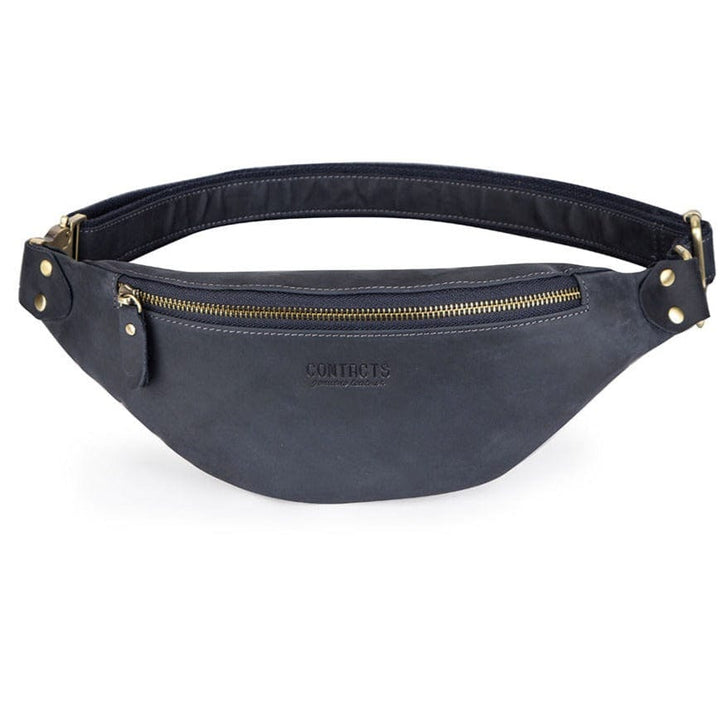 Fermeture éclair métallique robuste du sac banane en cuir pour homme, sécurité optimale.