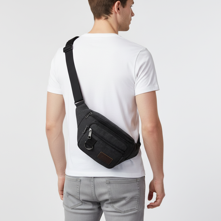 Sac banane robuste unisexe noir, idéal pour sport, voyage et usage quotidien, offrant rangement pratique.