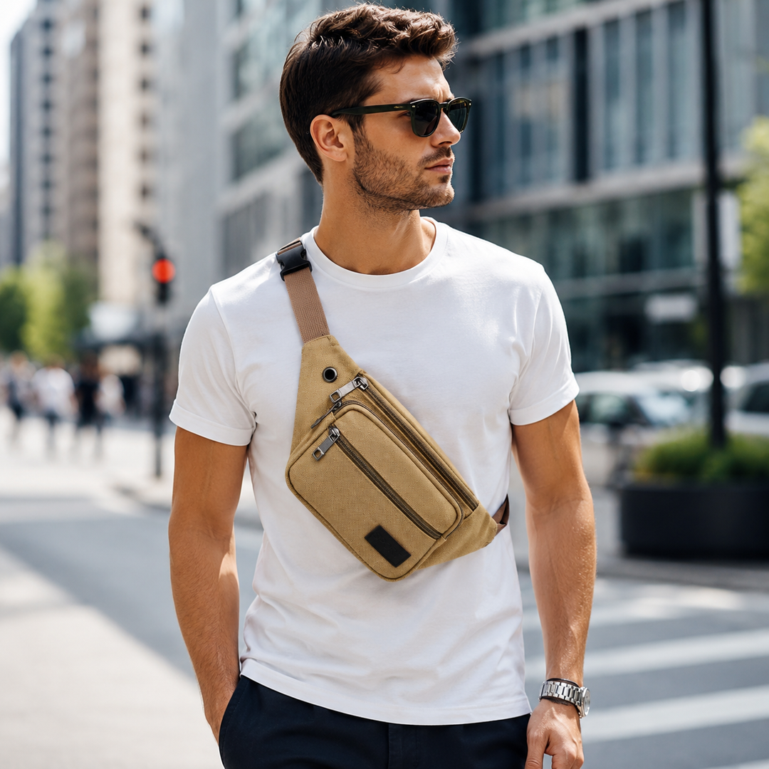 Sac compact unisexe noir, design épuré, idéal comme sac bandoulière ou banane pour un rangement pratique.