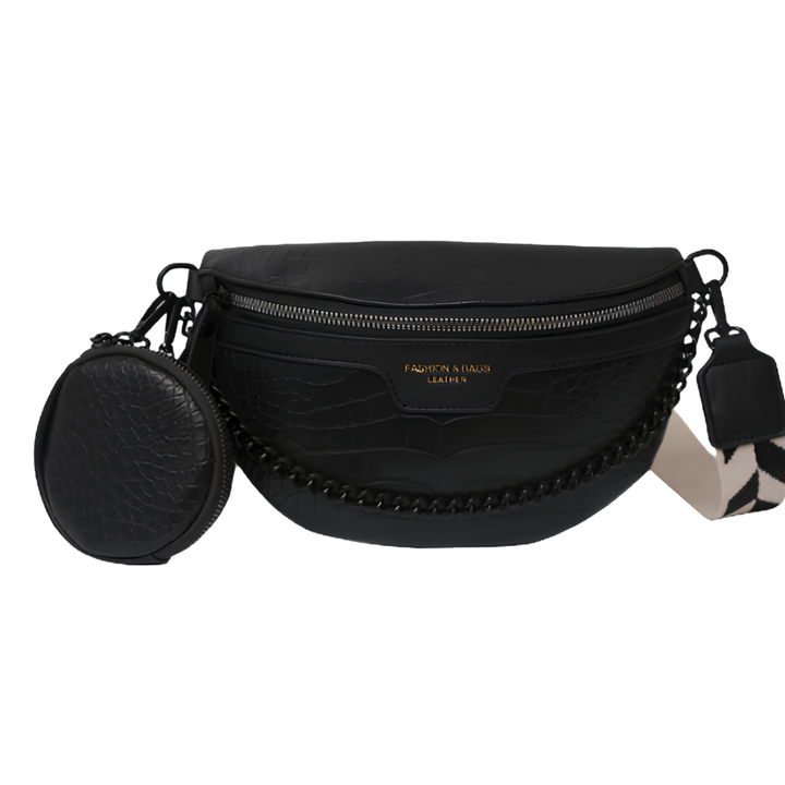 Sacoche banane femme élégante en cuir vegan, avec compartiments pour téléphone et clés. Très fonctionnel.