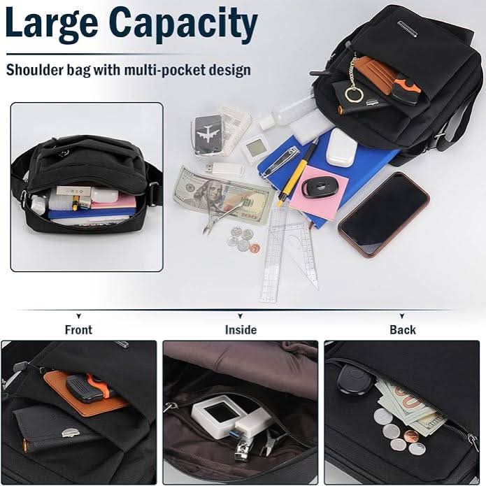 Sac bandoulière homme en tissu imperméable robuste noir, résistant et anti-vol pour un usage urbain quotidien.